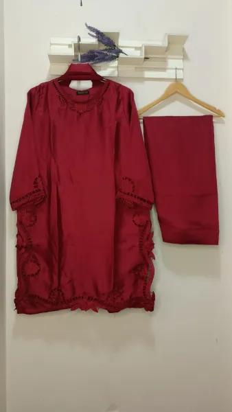 Pakistani Lasercut Silk Stitched 3Pcs with Chiffon Dupatta & Farshi Salwar _ Maroon